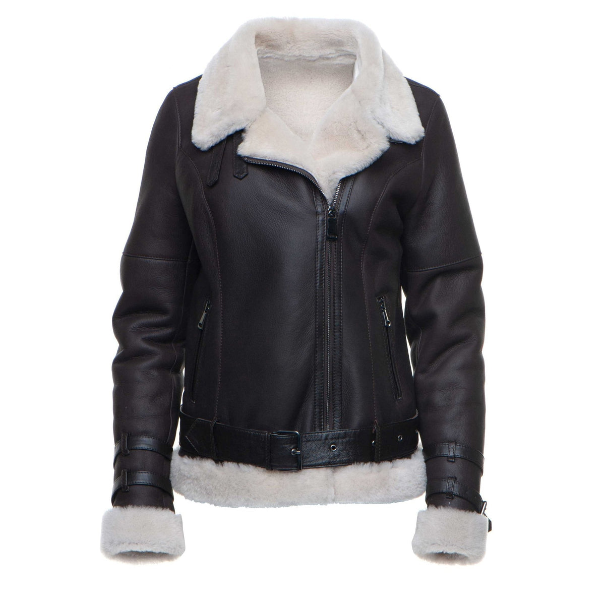 • brown shearling biker jacket womens front view
