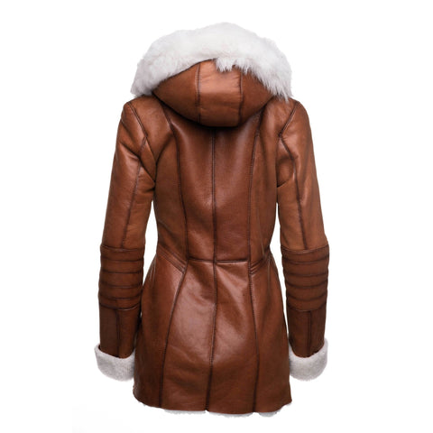• womens shearling coat hoodie fur trim detail

