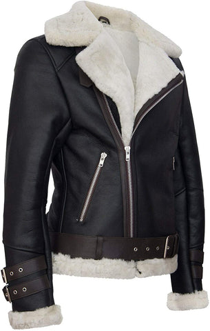 Brown sheepskin biker jacket with cream wool lining
