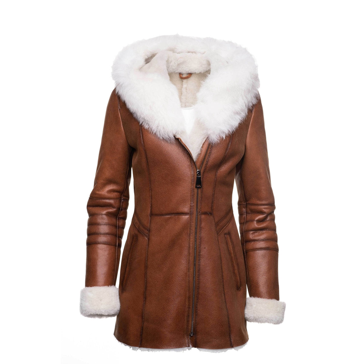 • tan shearling coat womens fox fur hood front view
