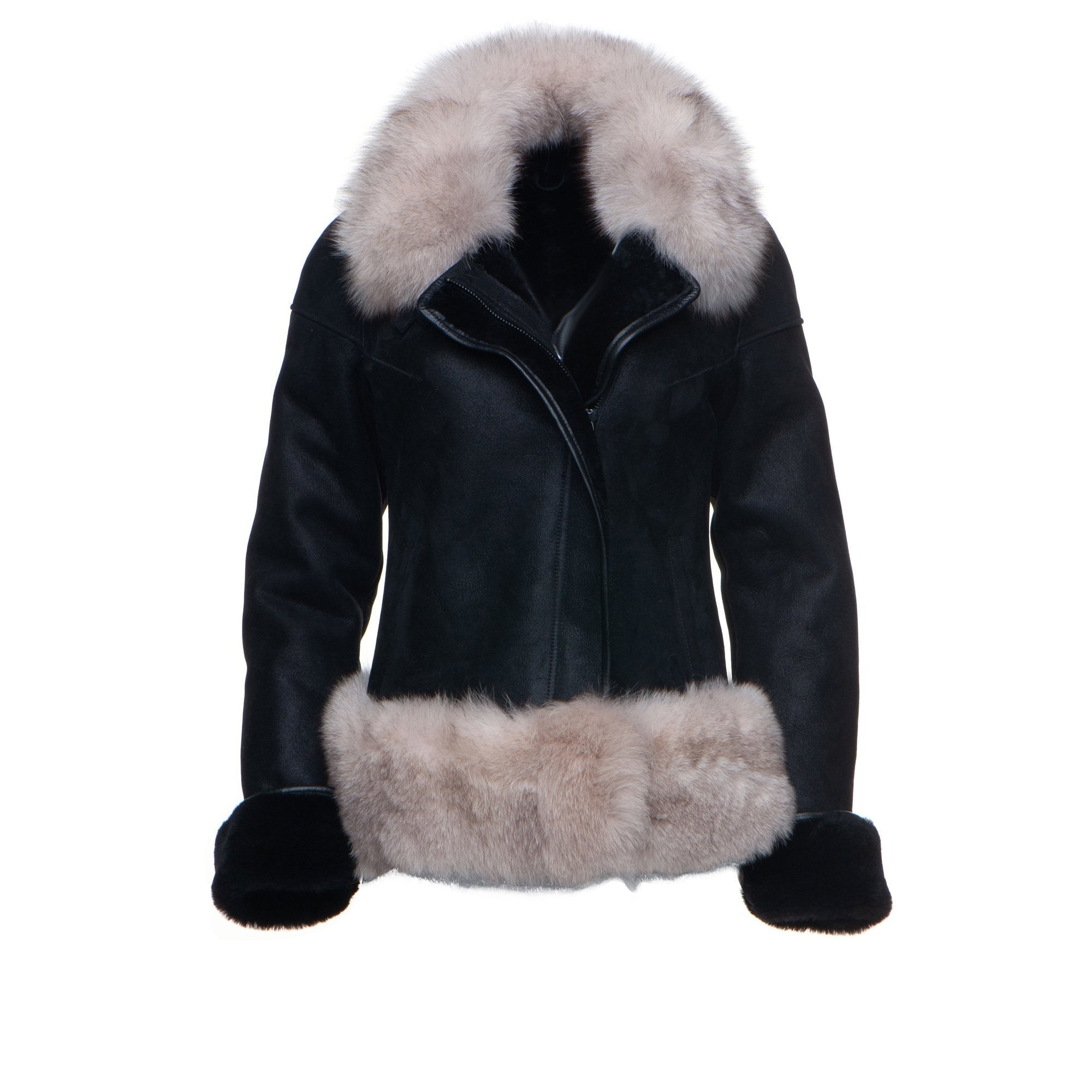• black shearling jacket womens fox fur front view
