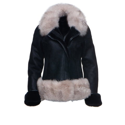 • black shearling jacket womens fox fur front view
