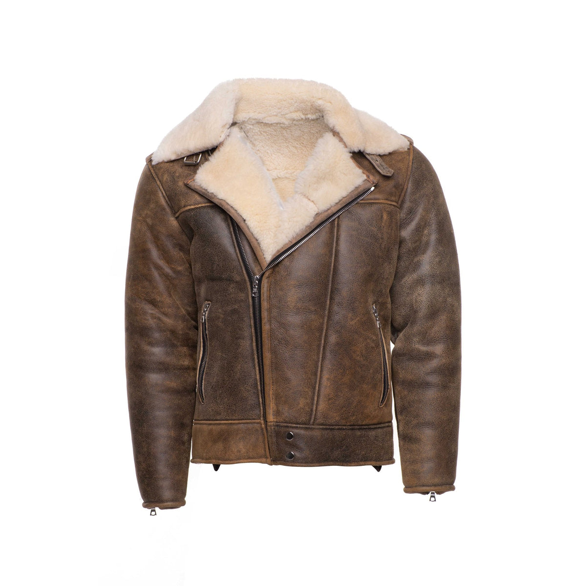 • distressed shearling biker jacket mens front view
