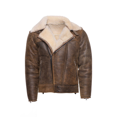 • distressed shearling biker jacket mens front view
