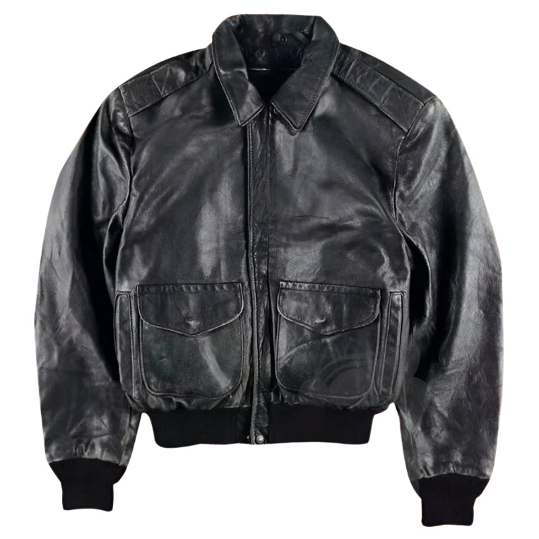 80s A2 Flight Vintage Military Leather Jacket for Men - Distressed Black Pilot Bomber Style - AMSEL LEATHERS