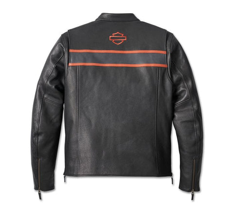 Black leather motorcycle jacket with armor and vents
