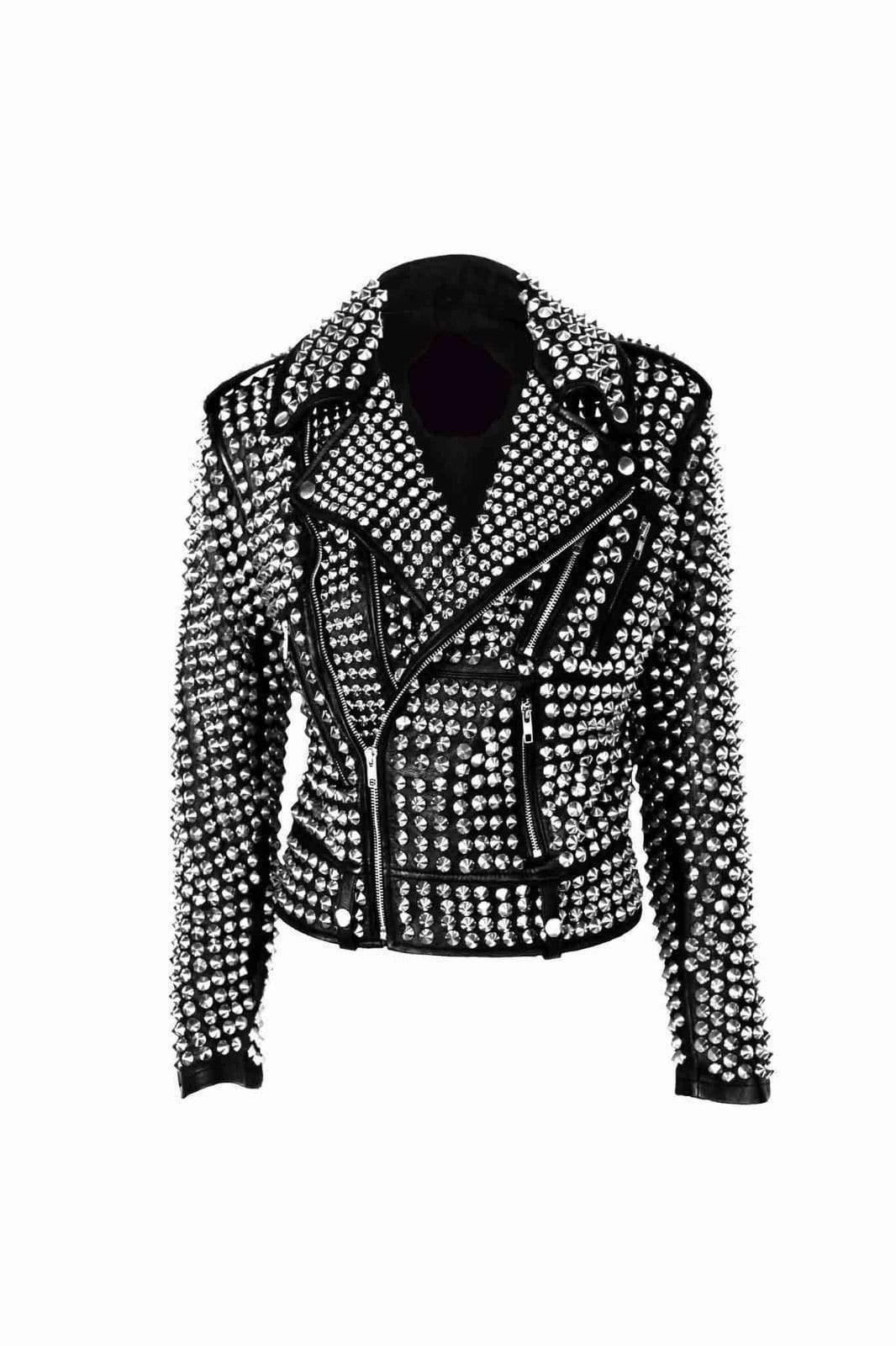 womens silver studded leather jacket cowhide front view