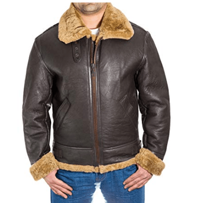 men’s brown sheepskin leather aviator jacket front view