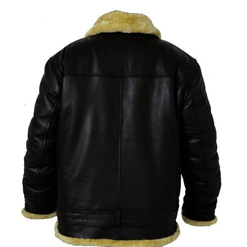 men’s black sheepskin leather aviator jacket detail view