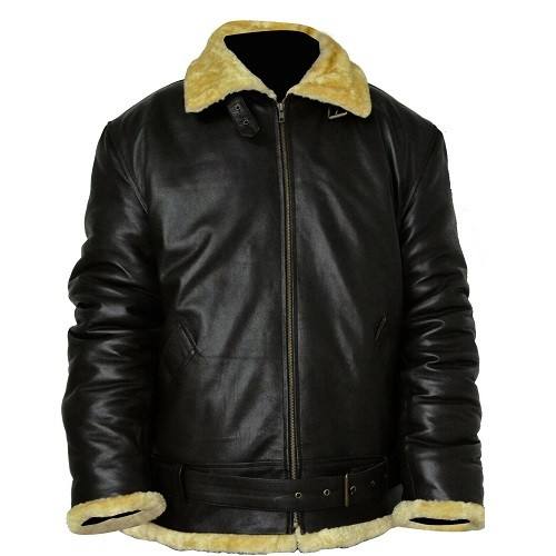 men’s black sheepskin leather aviator jacket front view