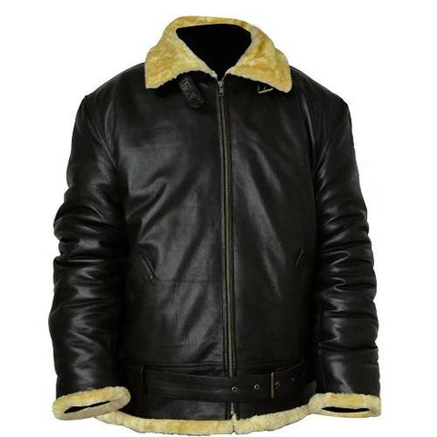 men’s black sheepskin leather aviator jacket front view