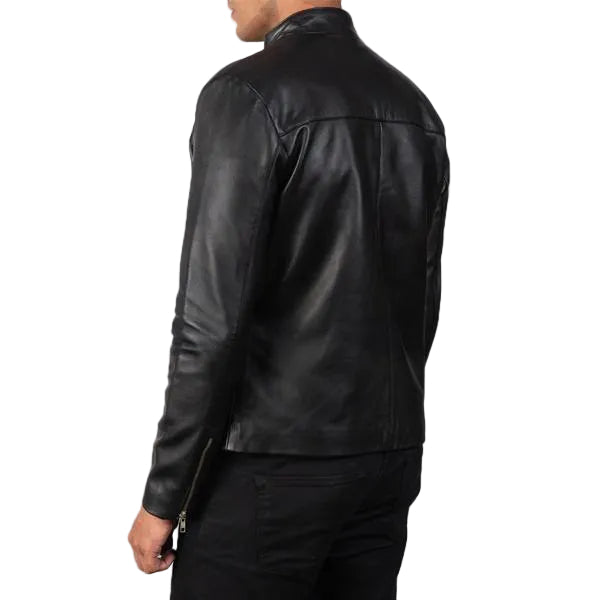 • mens black biker jacket band collar leather detail
