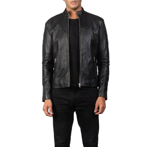 • black leather biker jacket mens sheepskin front view
