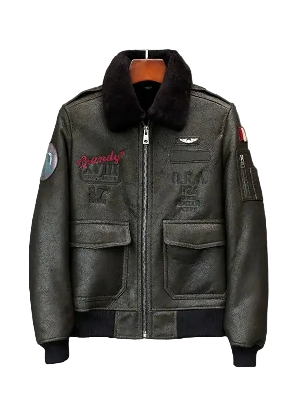 • mens shearling leather bomber jacket fur collar detail
