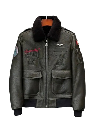• mens shearling leather bomber jacket fur collar detail
