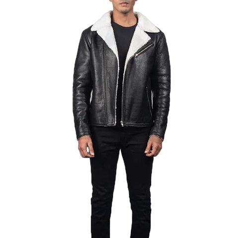 men’s black sheepskin leather jacket front view