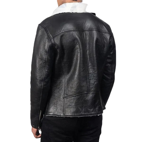 men’s black sheepskin leather jacket side angle