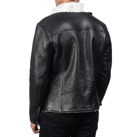 men’s black sheepskin leather jacket side angle