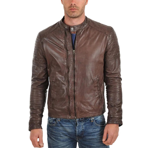 • mens brown lambskin biker jacket band collar detail
