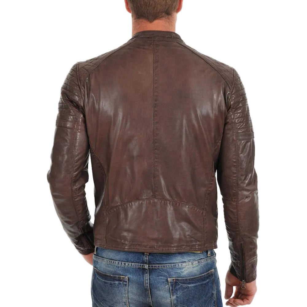 • slim fit brown leather jacket men zipper cuffs
