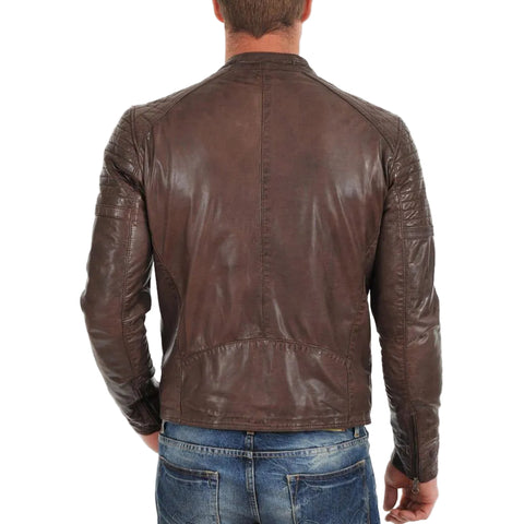 • slim fit brown leather jacket men zipper cuffs
