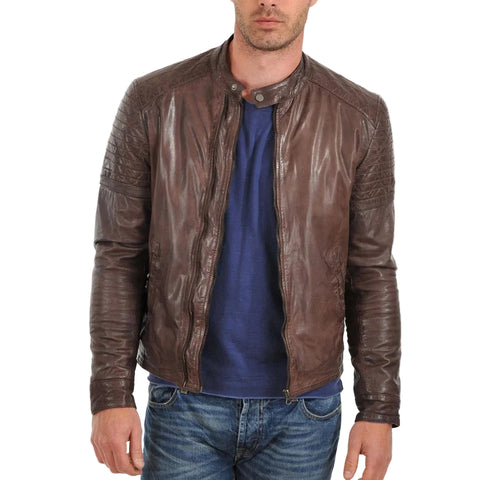 • brown slim fit motorcycle leather jacket mens front view
