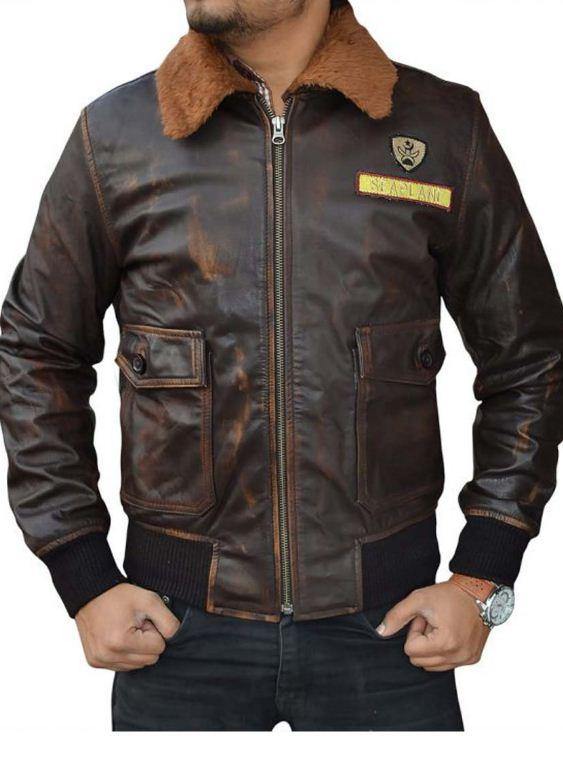 • brown leather jacket jumanji style mens front view
