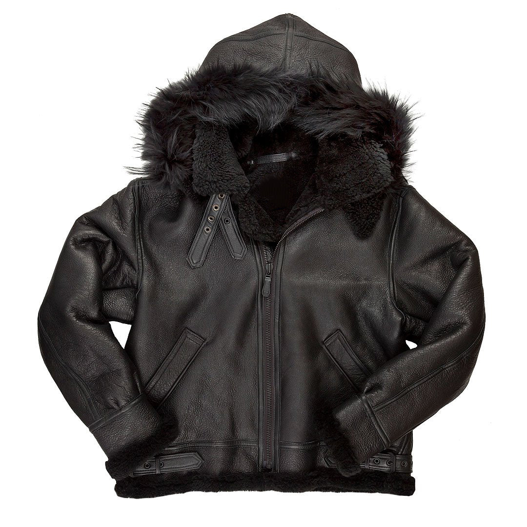 • b3 hooded shearling bomber jacket mens black front view
