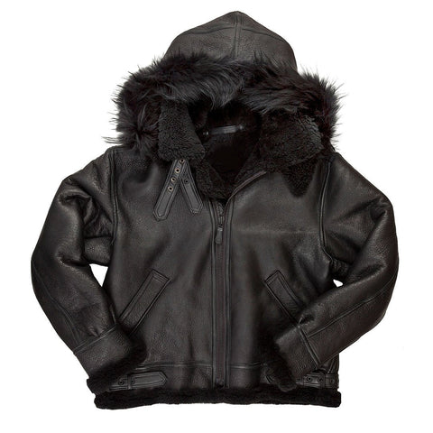 • b3 hooded shearling bomber jacket mens black front view
