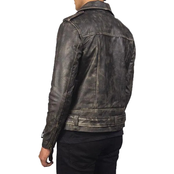men's brown distressed goatskin leather biker jacket varek side angle