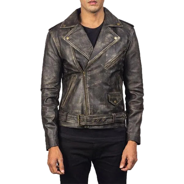 men's brown distressed goatskin leather biker jacket varek front view