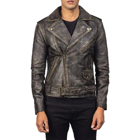men's brown distressed goatskin leather biker jacket varek front view