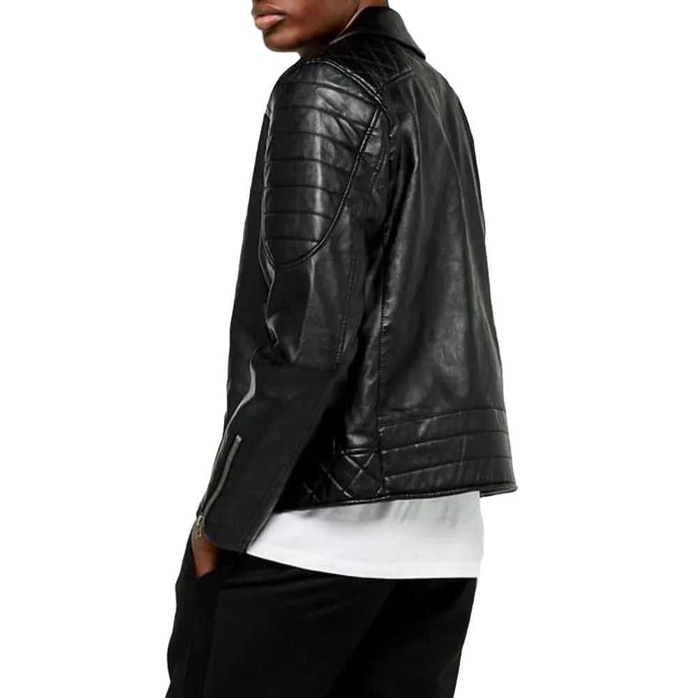 men’s black lambskin leather biker jacket side angle