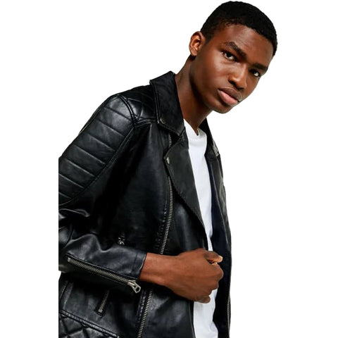 men’s black lambskin leather biker jacket back view