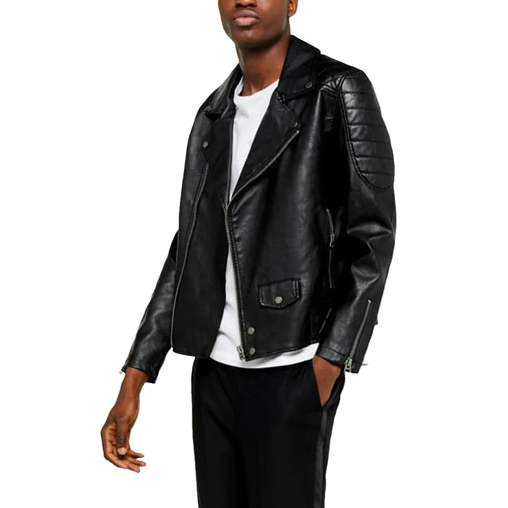 men’s black lambskin leather biker jacket front view