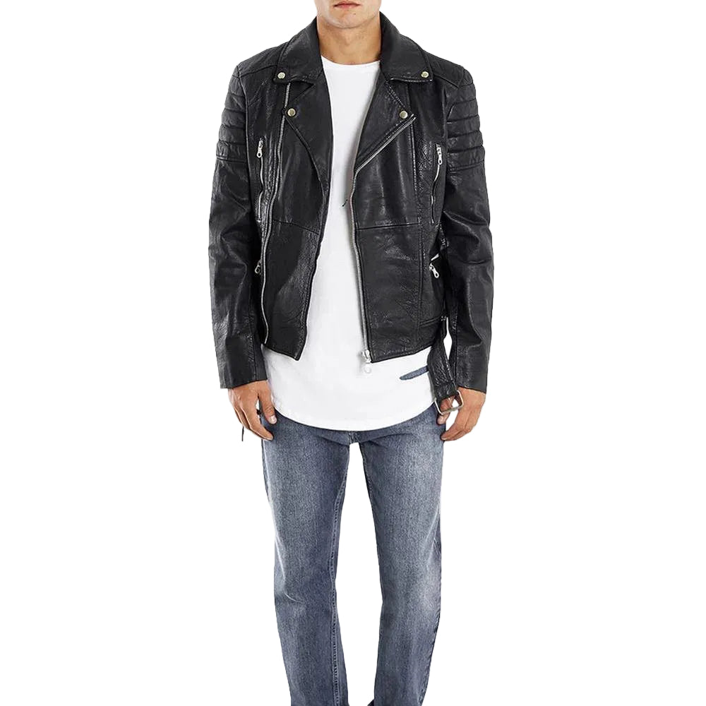 • mens biker jacket quilted leather with fur collar detail
