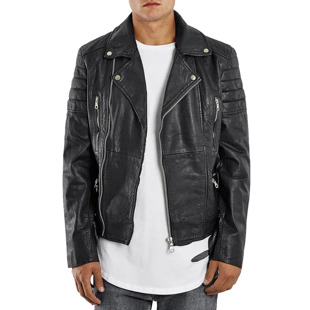 • black quilted leather biker jacket fur collar mens front view
