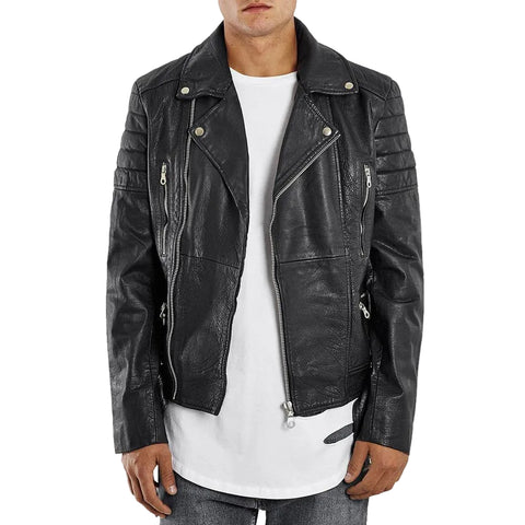 • black quilted leather biker jacket fur collar mens front view
