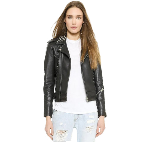 women's black studded lambskin leather biker jacket noelle front view