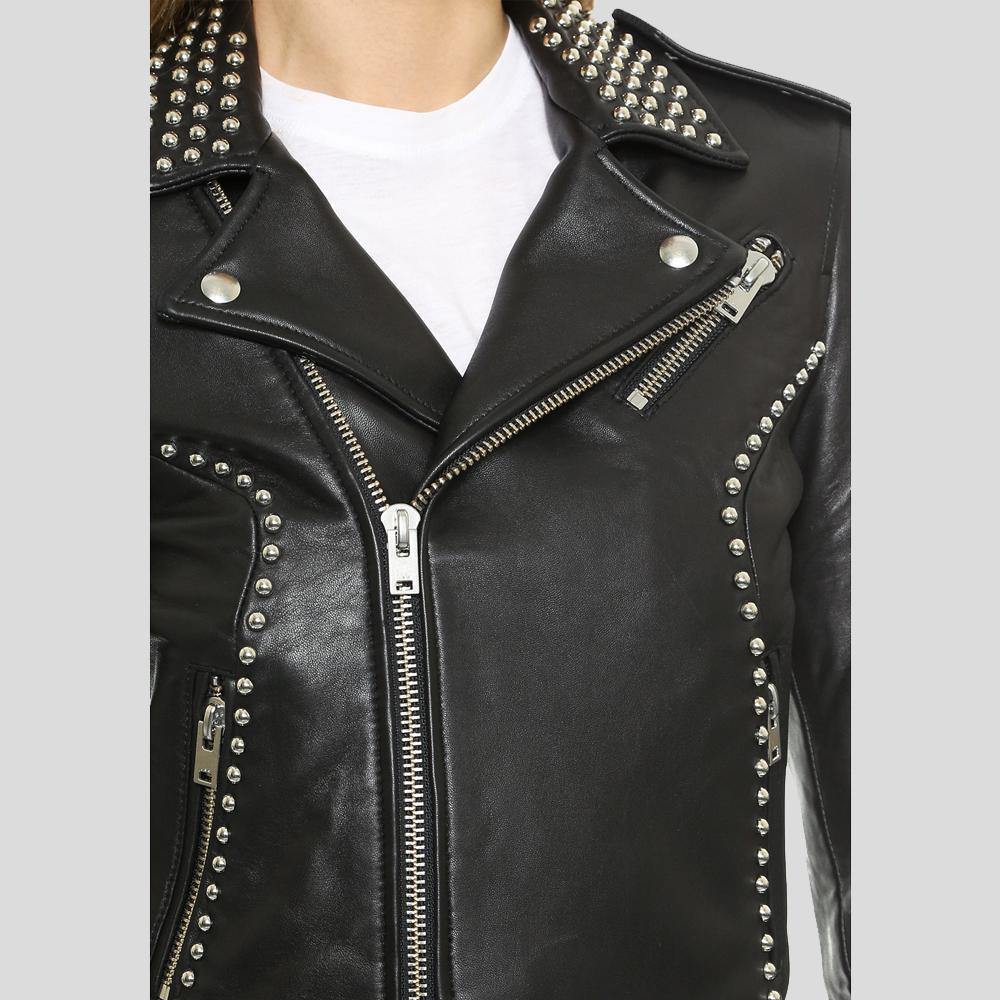 women's black studded lambskin leather biker jacket noelle side angle
