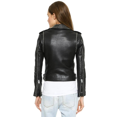 women's black studded lambskin leather biker jacket noelle back view
