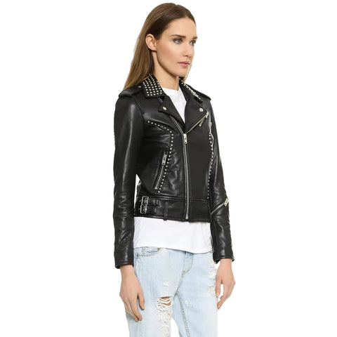 women's black studded lambskin leather biker jacket noelle detail close up