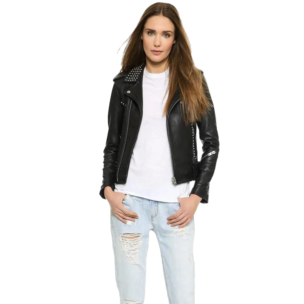 women's black studded lambskin leather biker jacket noelle texture detail