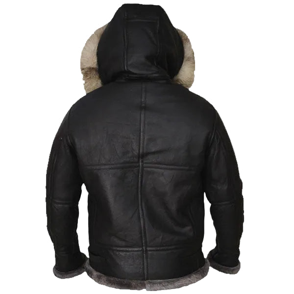Amsel Arden black leather jacket with shearling hood
