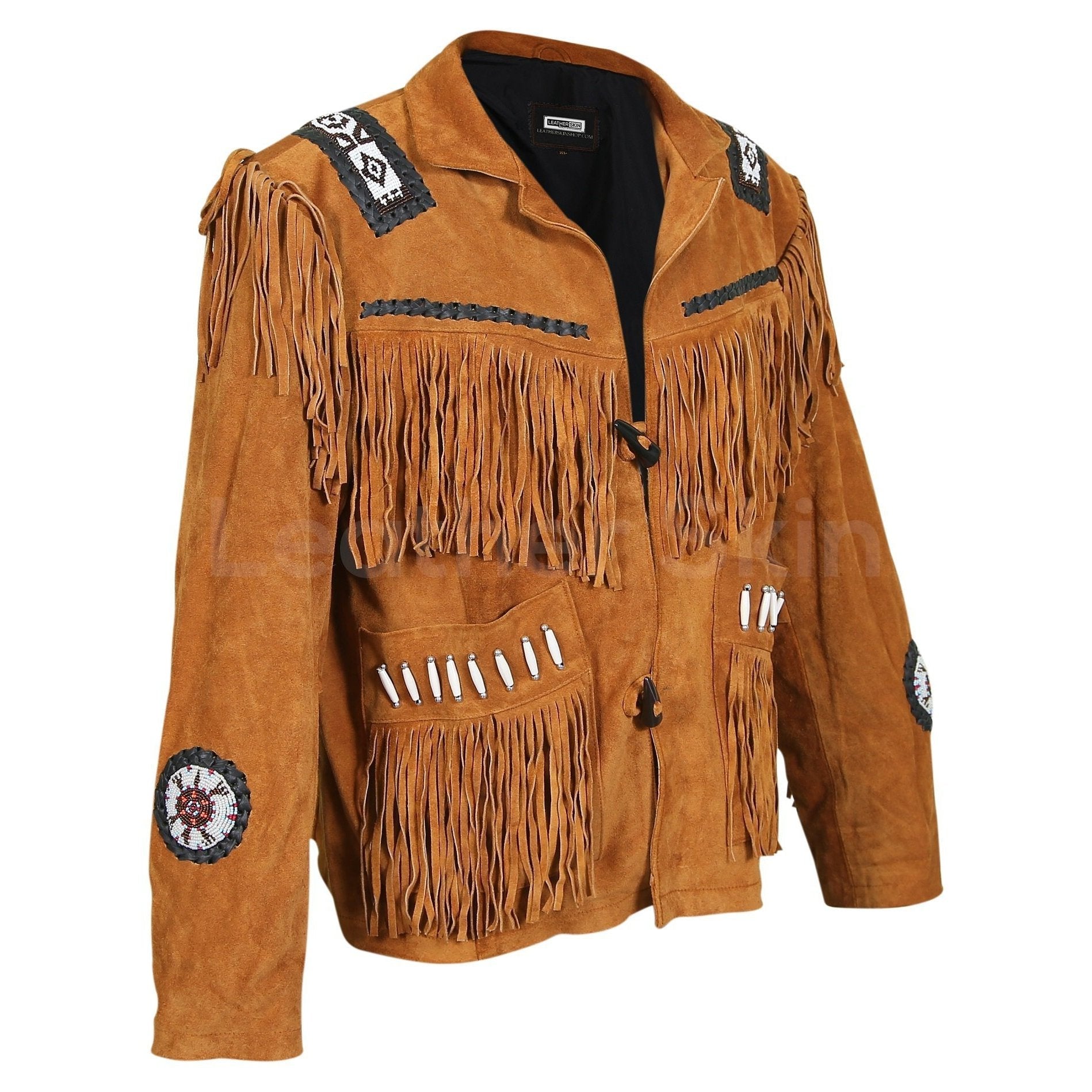 men's brown fringe suede leather jacket brenner back view