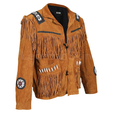 men's brown fringe suede leather jacket brenner back view