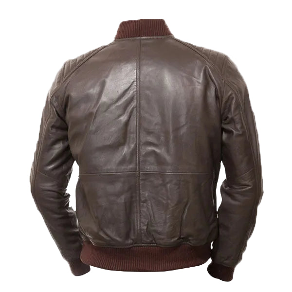 men’s dark brown cowhide leather bomber jacket side angle