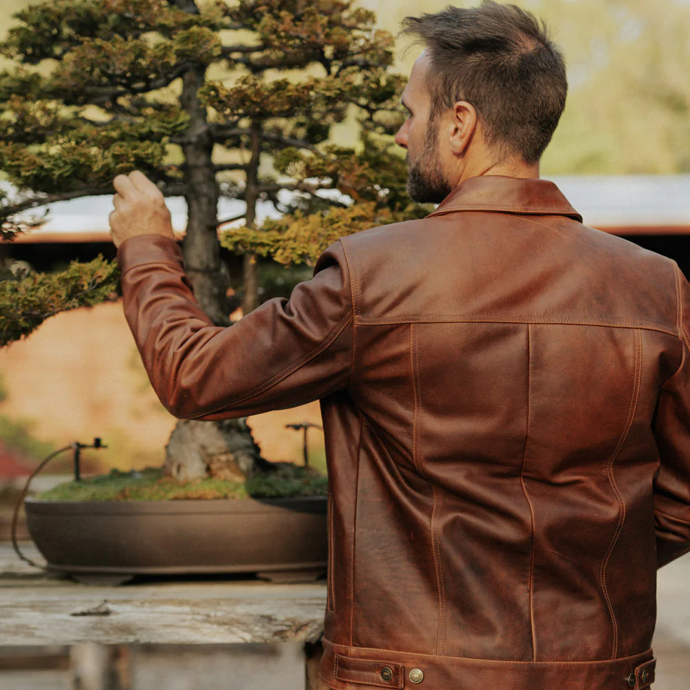 men's brown goatskin leather trucker jacket dorian texture detail