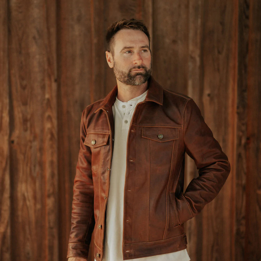 men's brown goatskin leather trucker jacket dorian detail close up