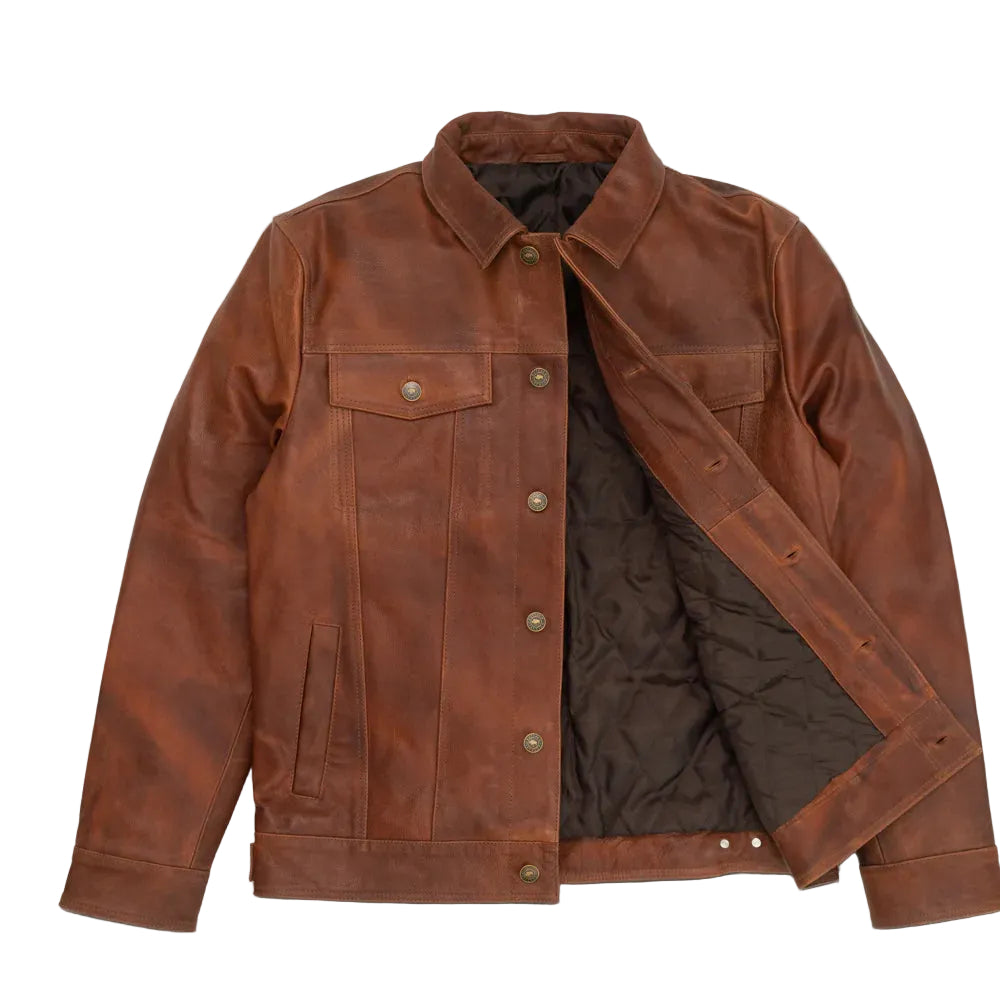 men's brown goatskin leather trucker jacket dorian side angle